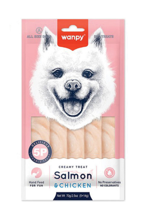 بستنی سگ ونپی با طعم سالمون و مرغ Wanpy Dog Creamy Treat With Salmon And Chicken بسته 5 عددی