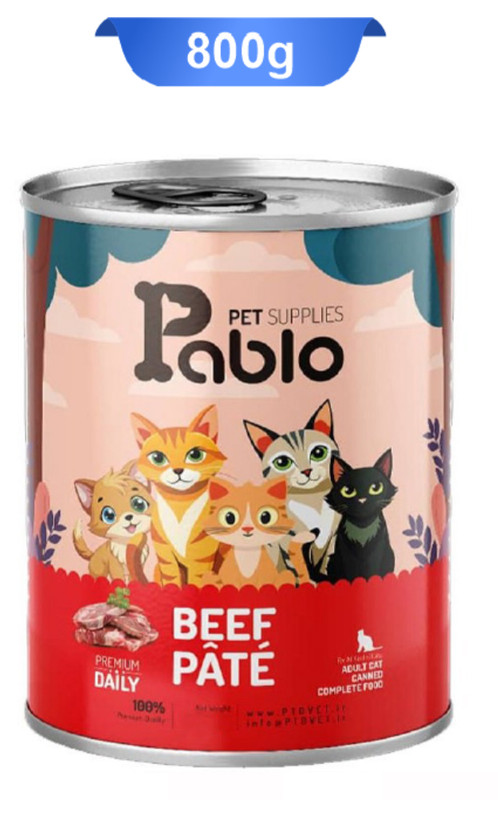 کنسرو گربه بالغ پابلو پته طعم گوشت خالص وزن 800 گرم Pablo