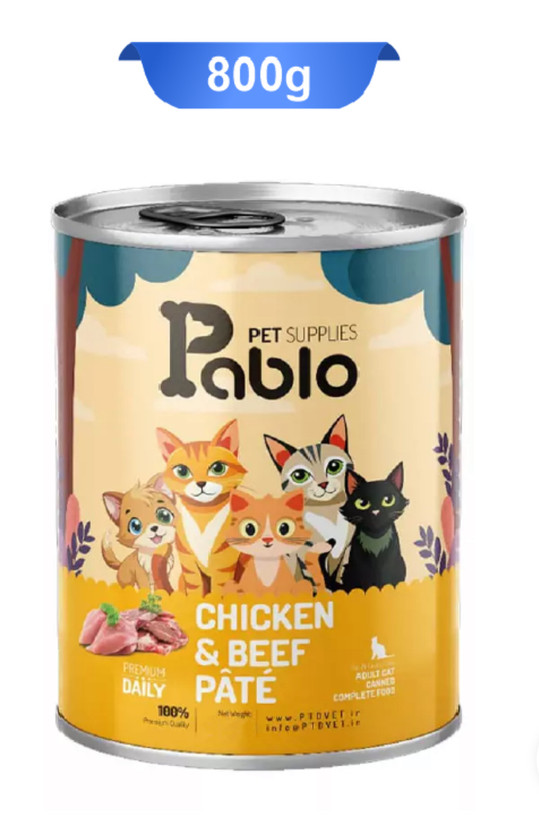 کنسرو گربه بالغ پابلو پته طعم مرغ و گوشت گاو وزن 800 گرم Pablo