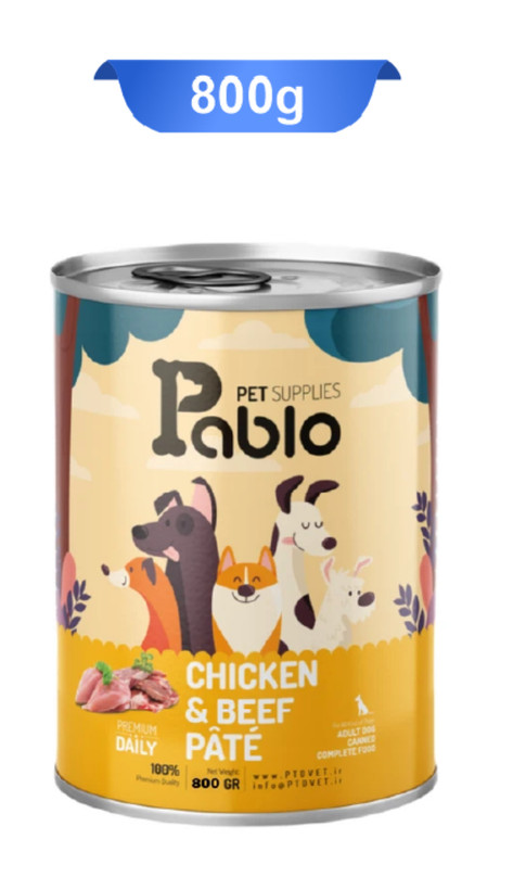 کنسرو پته سگ بالغ پابلو طعم گوشت گاو و مرغ وزن 800 گرم Pablo Dog