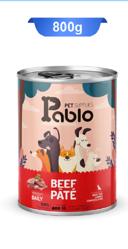 کنسرو پته سگ بالغ پابلو طعم گوشت خالص وزن 800 گرم Pablo Dog