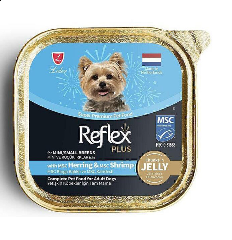 ووم سگ رفلکس پلاس با طعم شاه ماهی و میگو در ژله Reflex Plus Dog Food With Herring & Shrimp in Jelly وزن ۸۵ گرم